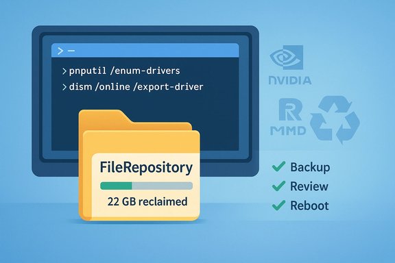 Driver cleanup: export drivers, reclaim 22 GB; backup, review, reboot.
