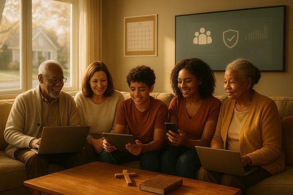 A multi-generational family sits together on a sofa, using laptops, tablets, and phones.