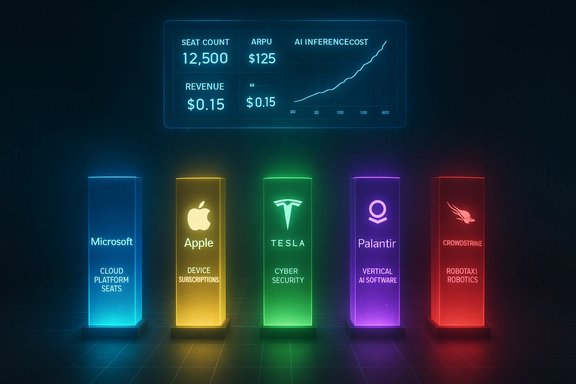 Neon-lit pillars show Microsoft, Apple, Tesla, Palantir, and CrowdStrike with a dashboard above.