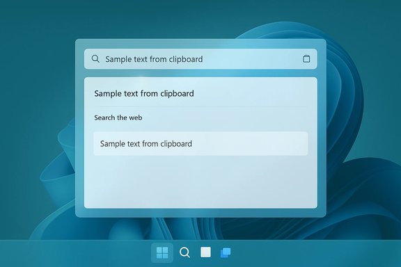 A blue clipboard-style search panel displays sample text from clipboard over a teal abstract background.