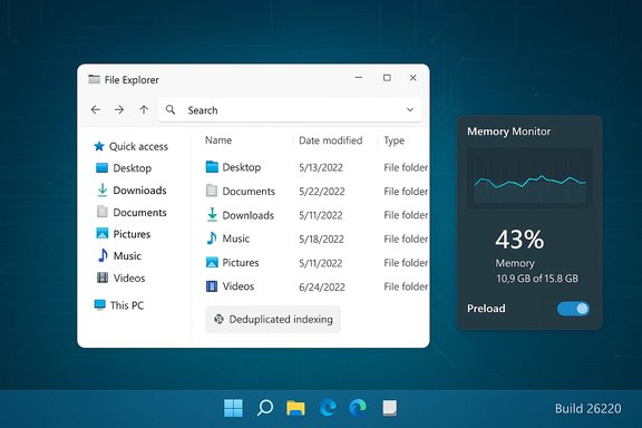Windows-style desktop with File Explorer and a Memory Monitor on a blue circuit-board background.