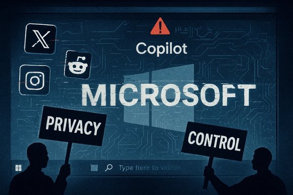 Two silhouettes hold 'Privacy' and 'Control' signs in front of a Microsoft Copilot display.