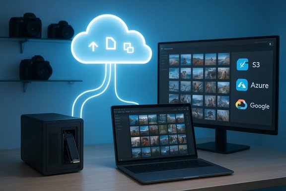A neon cloud outline lights a desk with a NAS, laptop, and a monitor displaying cloud storage apps.