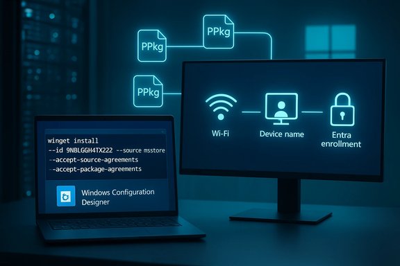 Tech setup with Windows Configuration Designer on a laptop and a monitor showing Wi‑Fi, device name, and enrollment.