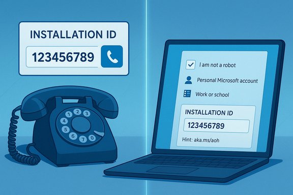Blue illustration of an installation ID card, a rotary phone, and a laptop showing a not-a-robot form.