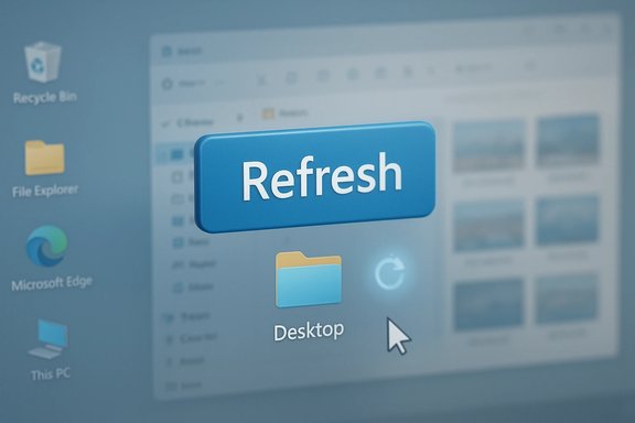 Large blue Refresh button floats over a Windows desktop with Recycle Bin and File Explorer icons.