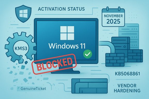 Illustration of Windows 11 activation blocked by KMS, with a red BLOCKED stamp.