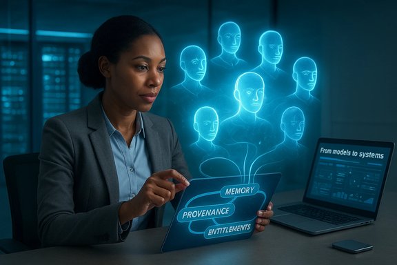 Professional woman uses a holographic tablet labeled memory, provenance, and entitlements.