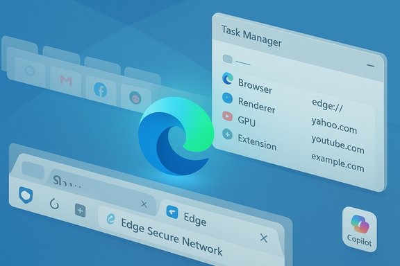Stylized Edge browser concept showing a Task Manager panel, Edge Secure Network banner, and Copilot icon.