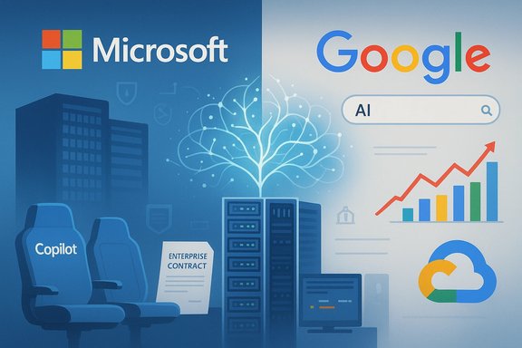 Microsoft and Google AI data-center illustration with Copilot seats, servers, and charts.