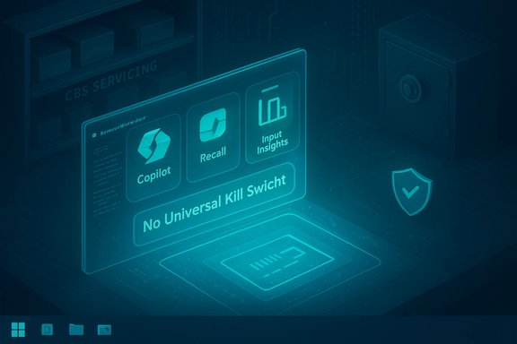 A blue holographic UI shows Copilot, Recall, Input Insights with 'No Universal Kill Switch'.