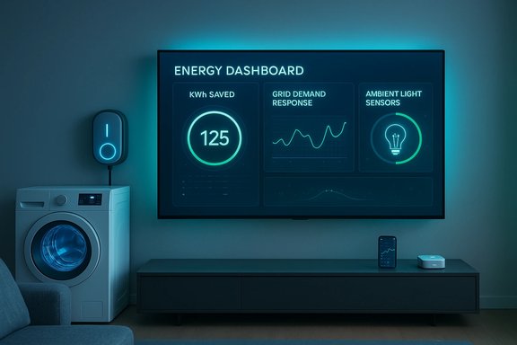 Futuristic energy dashboard glows on a wall screen showing 125 kWh saved.