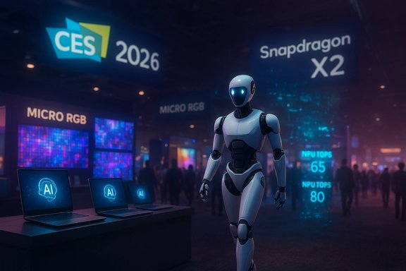 A sleek humanoid robot walks through a CES 2026 tech expo with AI laptops on display.