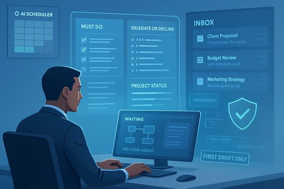 A professional monitors AI-powered task boards and an inbox on large holographic screens.