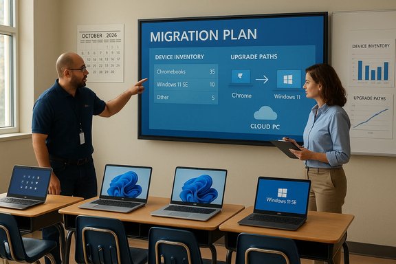 Two presenters discuss a migration plan with device inventory and upgrade paths.