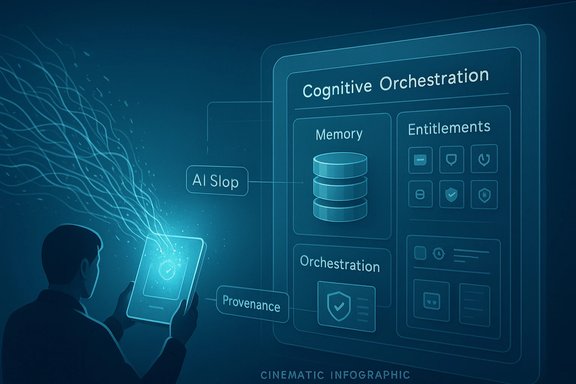 A person views a blue cinematic infographic titled 'Cognitive Orchestration' featuring memory and entitlements.