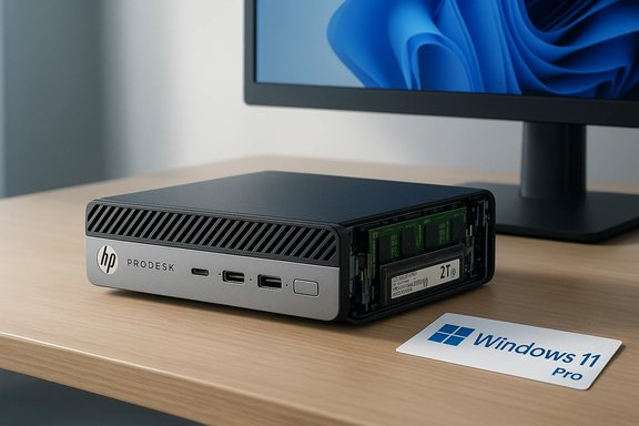 Compact HP ProDesk mini PC on a desk with a Windows 11 Pro sticker nearby.