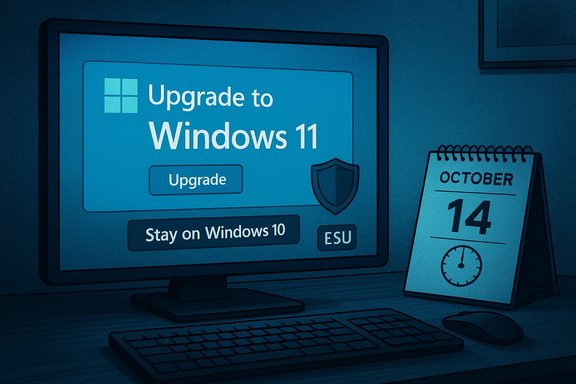 A computer monitor shows a Windows 11 upgrade prompt next to a calendar reading October 14.