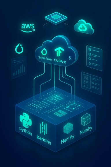 Neon isometric cloud stack linking AWS, Snowflake, CUDA-X and Python data tools.
