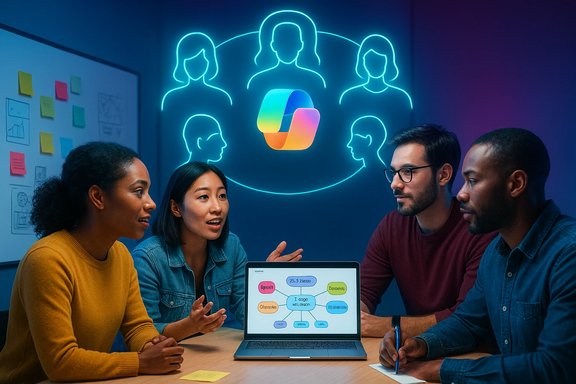 A diverse team collaborates around a laptop in a neon-lit, modern meeting room.