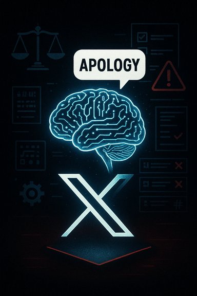 Glowing brain perched above a large X with an APOLOGY speech bubble amid abstract legal icons.