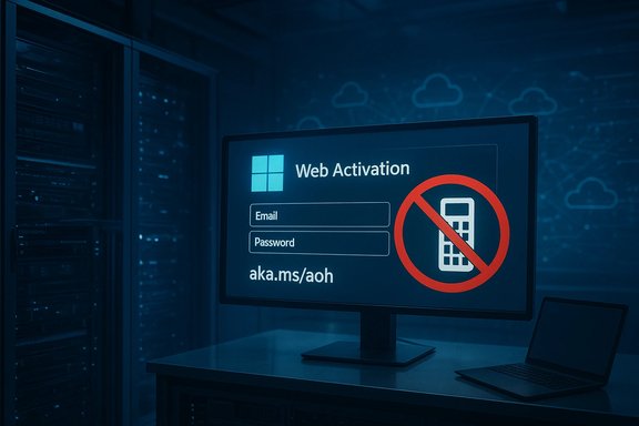 A monitor shows a Web Activation login form (Email, Password) with a no-mobile sign.