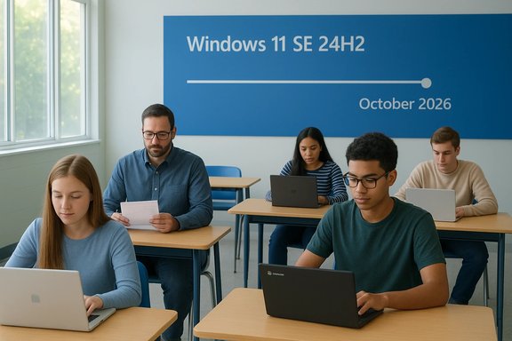 Students work on laptops in a classroom beneath a Windows 11 SE 24H2 banner.