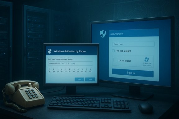 Two monitors show Windows Activation by Phone and a sign-in page in a blue-tinted data center.