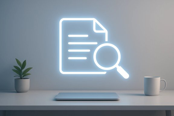 Glowing neon icon of a document with a magnifying glass on a clean desk.