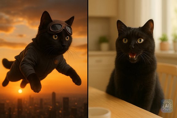 Split image: a black cat wearing goggles soaring at sunset on the left, and indoors with its tongue out on the right.