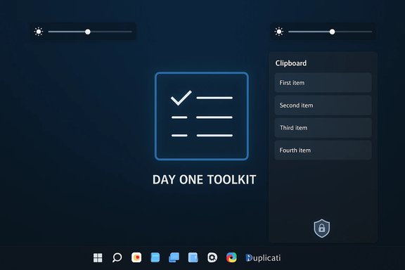 Dark blue UI featuring the Day One Toolkit logo with a checklist icon and a right-side clipboard panel.