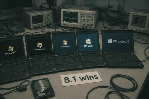 Row of laptops booting Windows, with a desk sign reading '8.1 wins.'