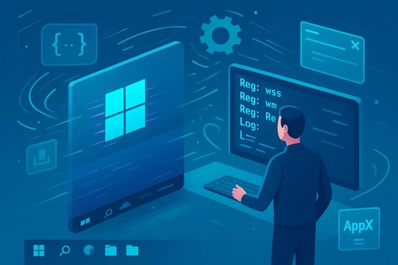 A coder stands before dual screens in a blue, futuristic Windows development scene.