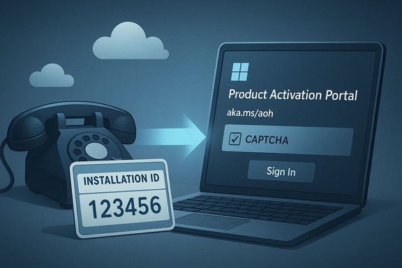 A retro phone sends an installation ID to a laptop's Product Activation Portal.