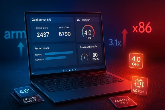 Laptop shows benchmark panels (Geekbench 6.5, UL Procyon) and a 4.0 GHz performance gauge.