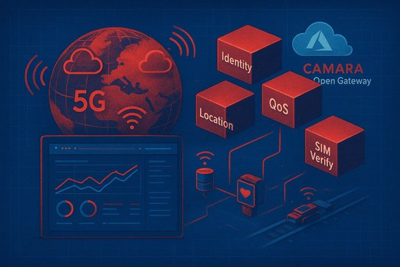 A 5G network concept with cloud icons, a data dashboard, and cubes labeled Identity, Location, QoS, and SIM Verify.