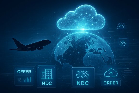 Blue digital globe and cloud network powering airline NDC and orders.