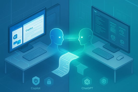 Two AI agents at dual desks exchange ideas, with Copilot and ChatGPT labels.
