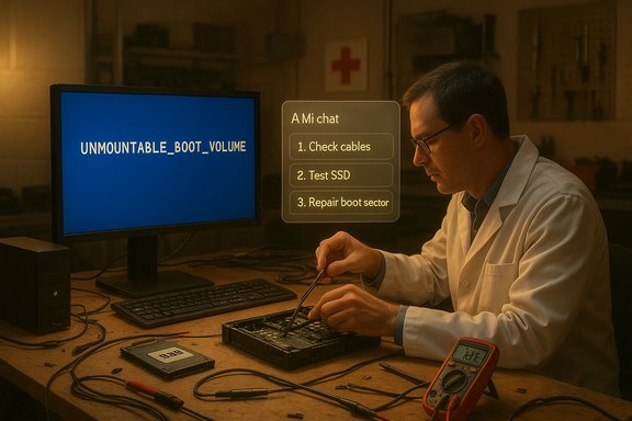 A technician in a lab coat repairs a laptop, which shows the UNMOUNTABLE_BOOT_VOLUME error.