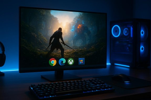 A gaming PC setup with a monitor showing a hooded swordsman in a forest.