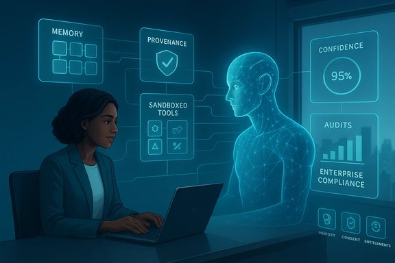 A woman at a laptop watches a holographic AI interface displaying memory, provenance, sandboxed tools, and 95% confidence.