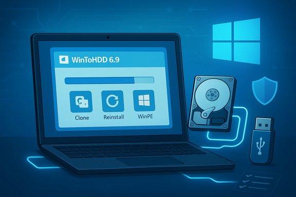 Blue-tinted illustration of a laptop displaying WinToHDD 6.9 with Clone, Reinstall, and WinPE options.