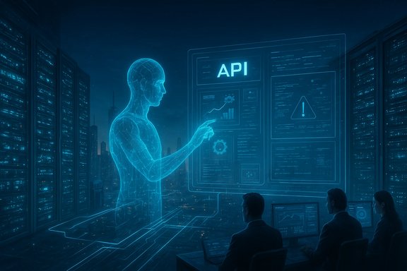 A holographic figure interacts with a large API dashboard in a futuristic data center.