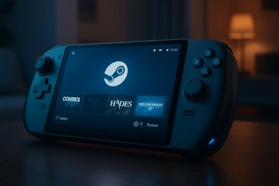 A handheld gaming console on a desk displays the Steam library with Hades and Hollow Knight.