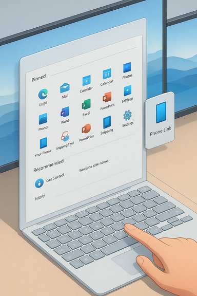 A laptop screen shows pinned Windows apps and a Phone Link tile, as a finger taps the keyboard.