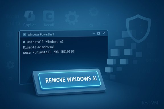 PowerShell window displaying a command to uninstall Windows AI, with a glowing 'REMOVE WINDOWS AI' button.