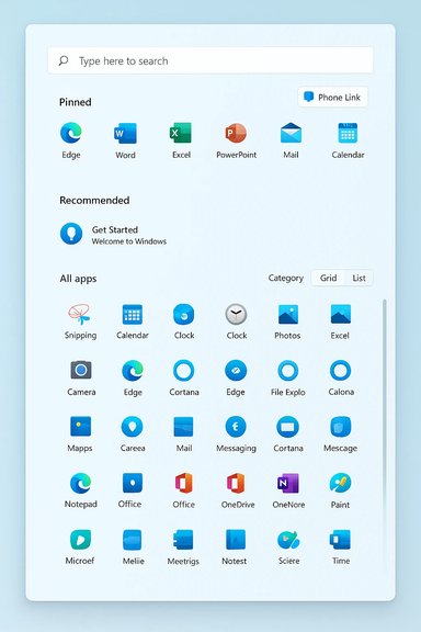 A Windows-style Start menu with a search bar, pinned apps, and a grid of program icons.
