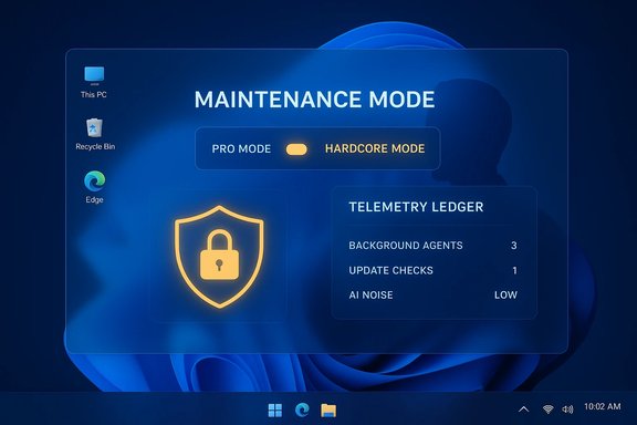 Blue maintenance mode screen with Pro/Hardcore toggle, shield icon, and telemetry ledger.