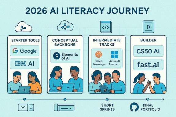 A 2026 AI literacy journey with four tracks: Starter Tools, Conceptual Backbone, Intermediate Tracks, Builder.