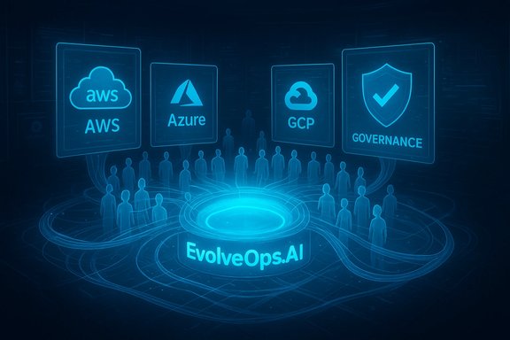Futuristic AI hub EvolveOps.AI linking AWS, Azure, and GCP with governance.